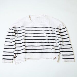 Obey knit oversized cream black striped sweater coastal grandma collegiate large
